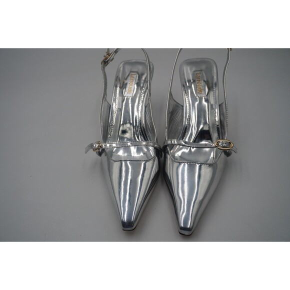 Larroude Ines Metallic Silver Mary Jane Pointed Toe Sculptural Kitten Heels Sz 7 - Picture 7 of 16